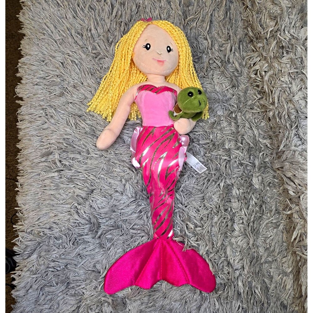 The Petting Zoo Blonde Mermaid Plush Doll Pink Foil Zebra Tail Sea Turtle